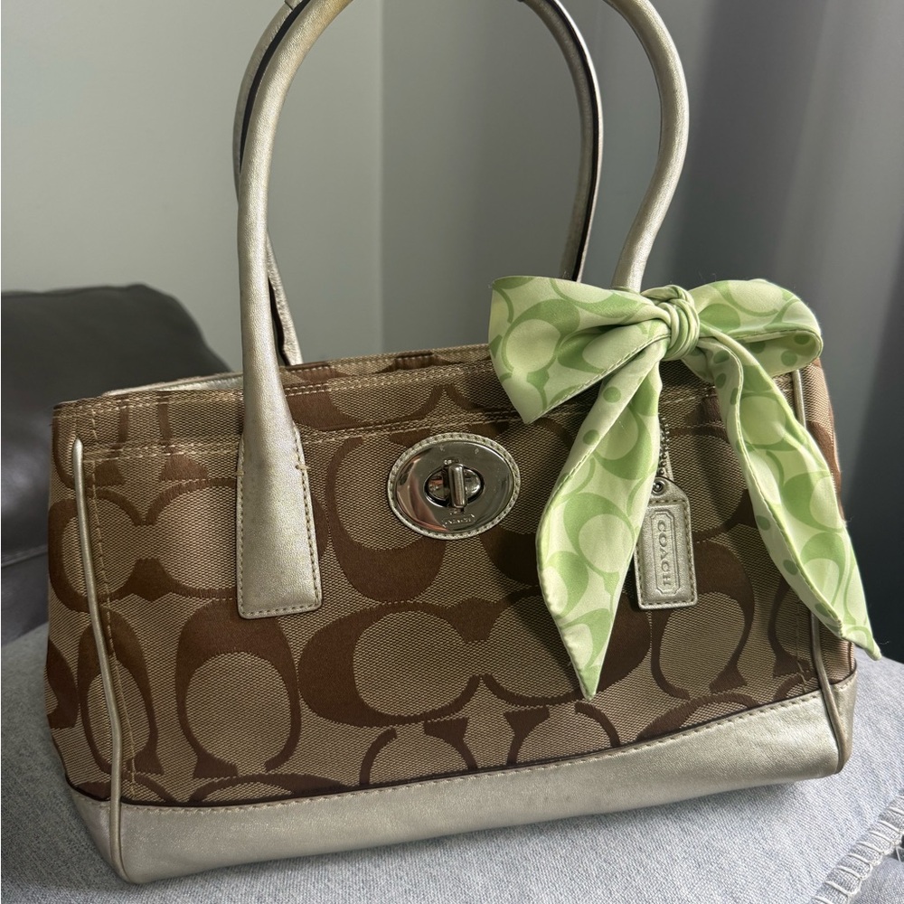 Coach Tan and Green Satchel with Bow Accent